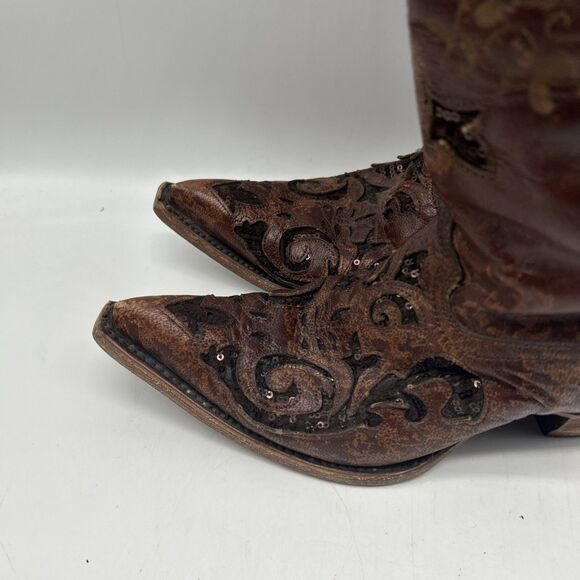 Corral Vintage Cowboy Boots Womens 6.5 Brown Sequin Inlay Embroidered  Western - Picture 5 of 8